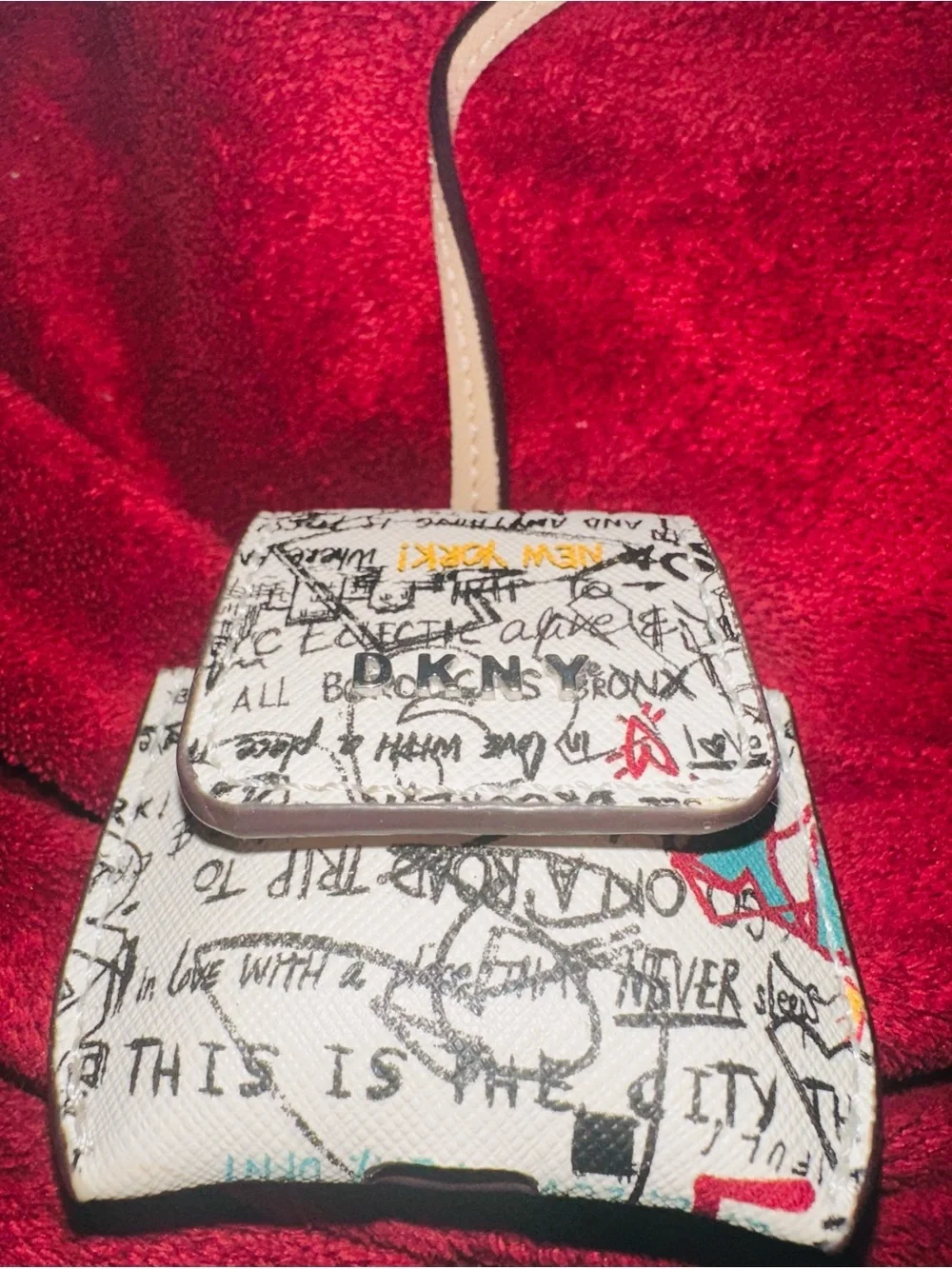 DKNY White Graffiti Print Leather AirPod Pouch with Beige Strap